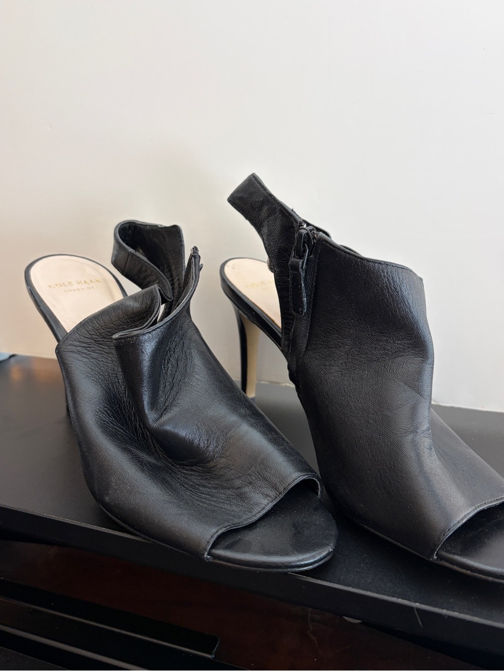 Cole Haan Black Leather Peep-Toe Slingback Mules with Back Zip